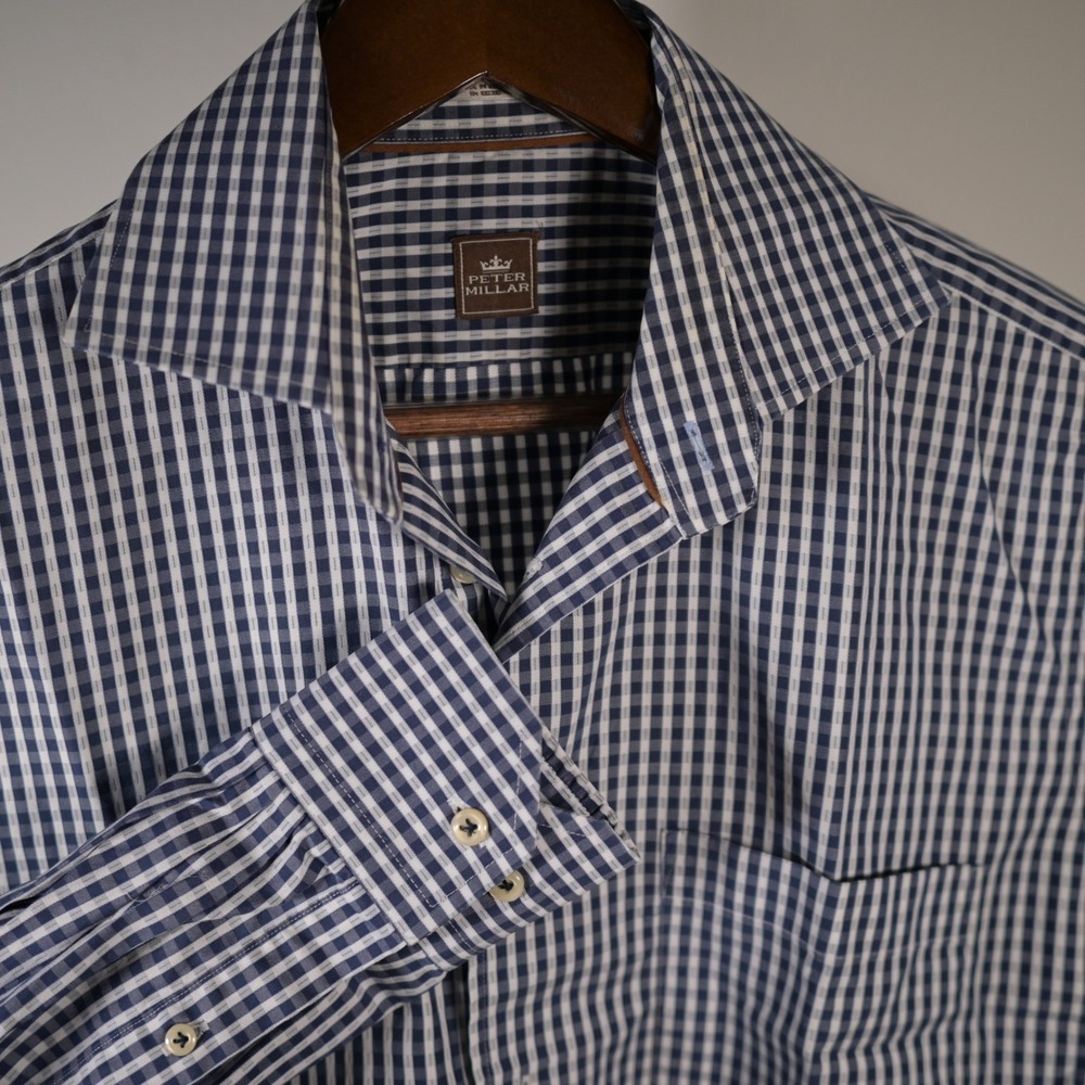 Peter Millar $175. Mens M Navy Gingham Cotton Button‎ Down long sleeve Shirt